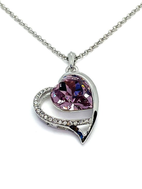 Jewelry - Open Heart Centerpiece Pendant Necklace, Purple Amethyst Austrian Crystals, 18"